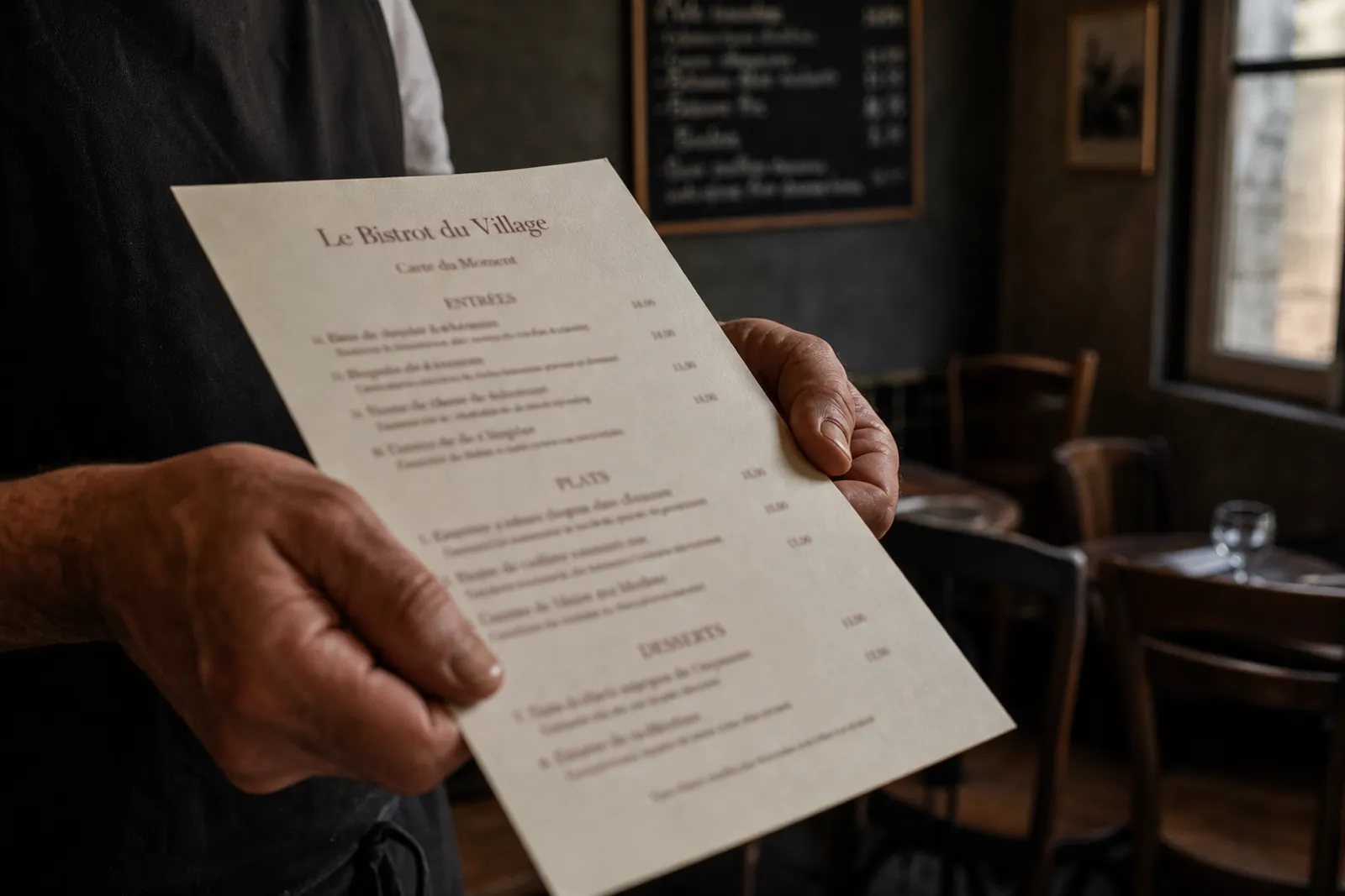 Les mains d’un restaurateur tenant sa carte fraîchement imprimée, dans la salle d’un bistrot de village