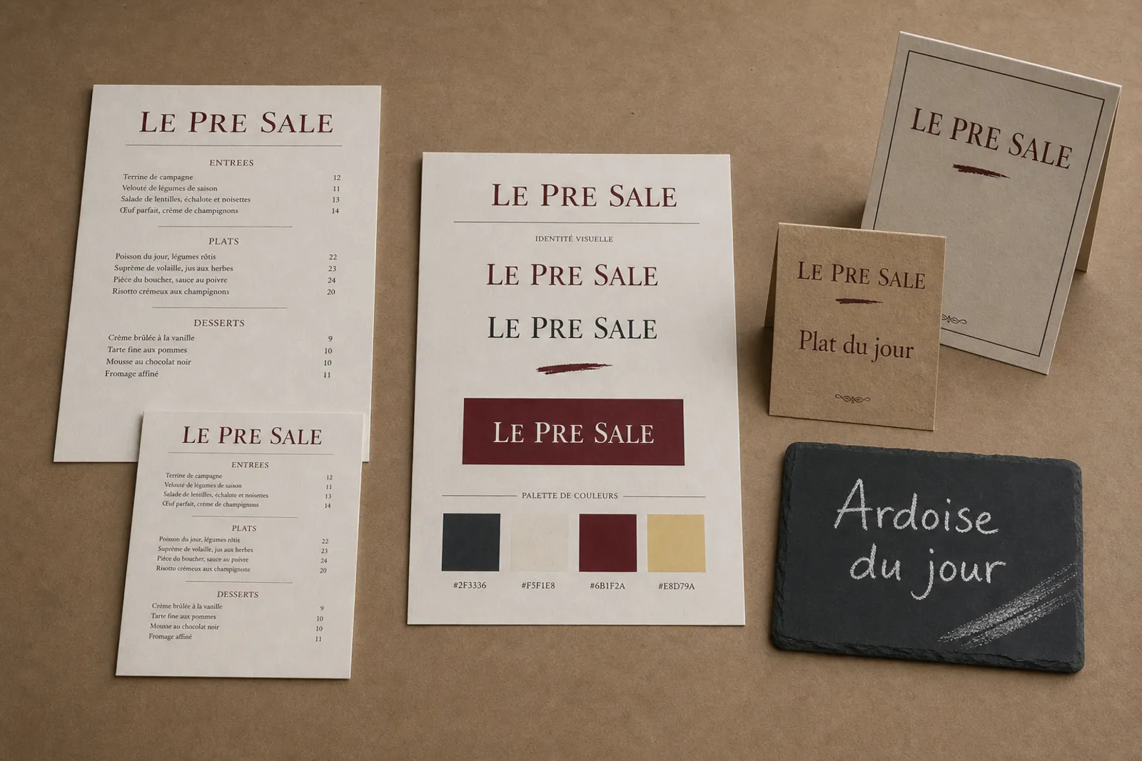 La pochette : carte A4 et A5, feuille d’identité avec le logo en trois variantes et la palette, chevalet de table, panneau A et ardoise du jour